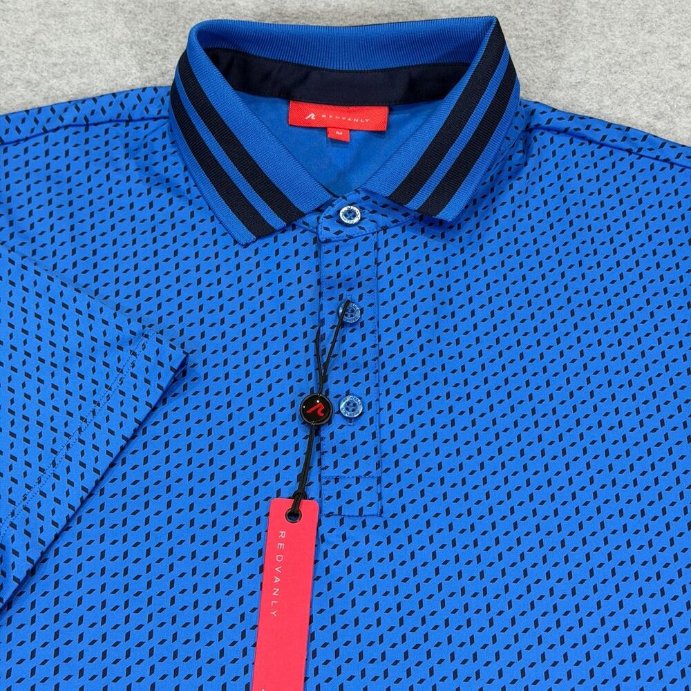 Redvanly Pascal Golf Polo Shirt Mens M Marine Blue Geometric Dashes Stretch NWT